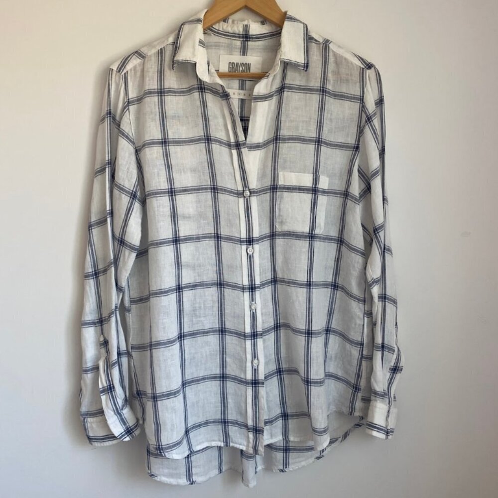GRAYSON 100% Linen Hero Button Down Top Window Pane Size 3 (M)